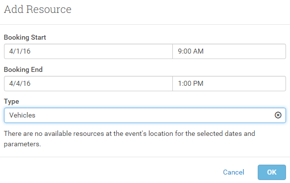 If Resources are booked out, or there's no Resources set, a message will be displayed