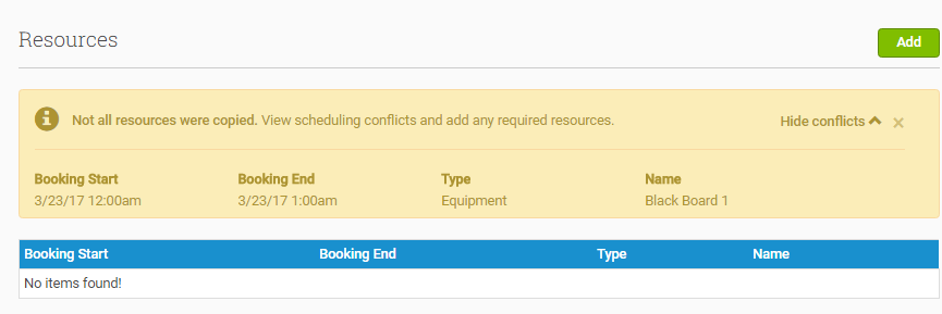 Show more information about Resources conflicts by clicking 'Show Conflicts'