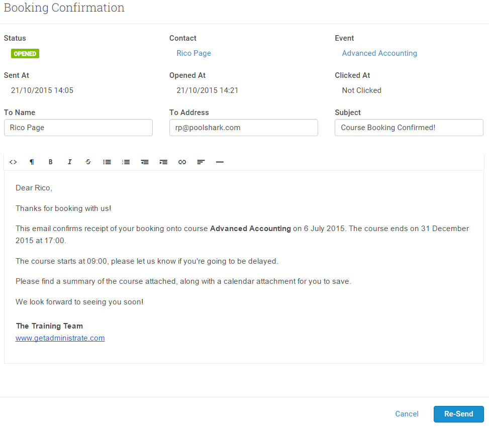 Click on the sending status to see the email preview, where you can re-send communications