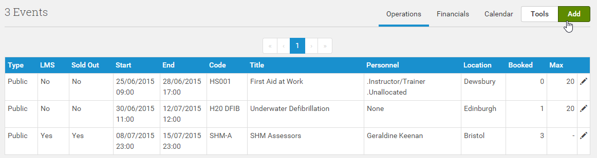 Simply click 'Add' to create a new Event from the Event Listing screen