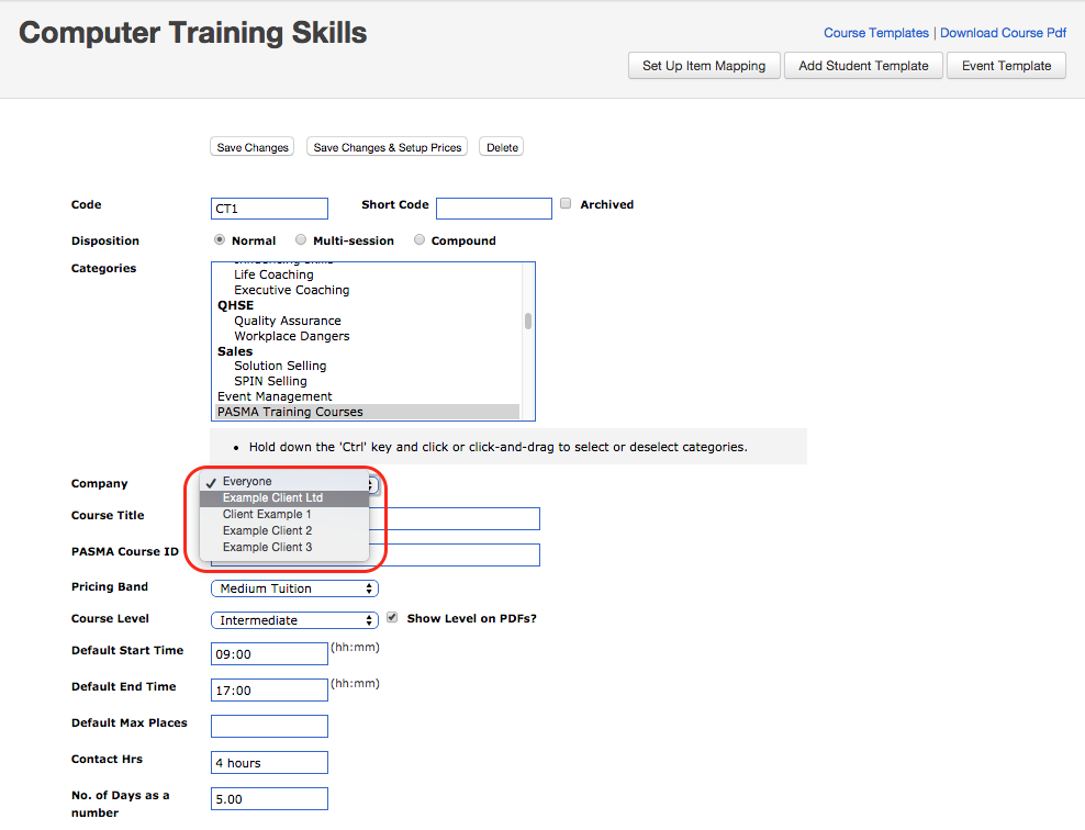 Choose the Company a Course Template belongs to