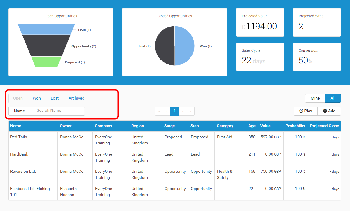 Status Tabs and Search help you find your Opportunity quickly