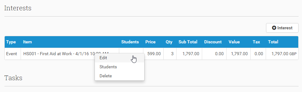 Click on the Interest to reveal options to edit, enter student information, or delete