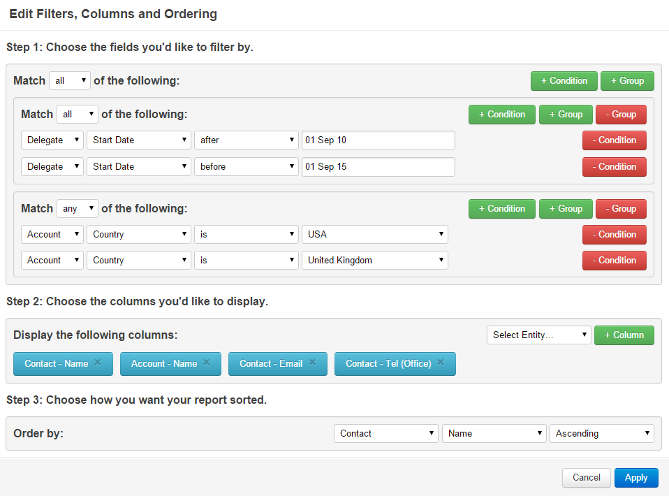 Filtering past students from UK and USA Accounts within a date range