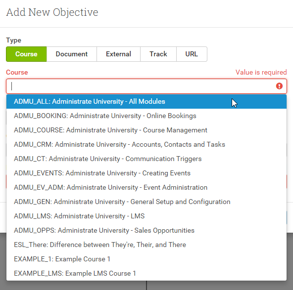 Add your Administrate Courses as Objectives in your Learning Tracks