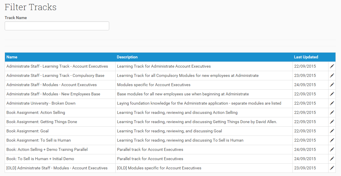 Main screen of Learning Tracks, displaying all your created Tracks