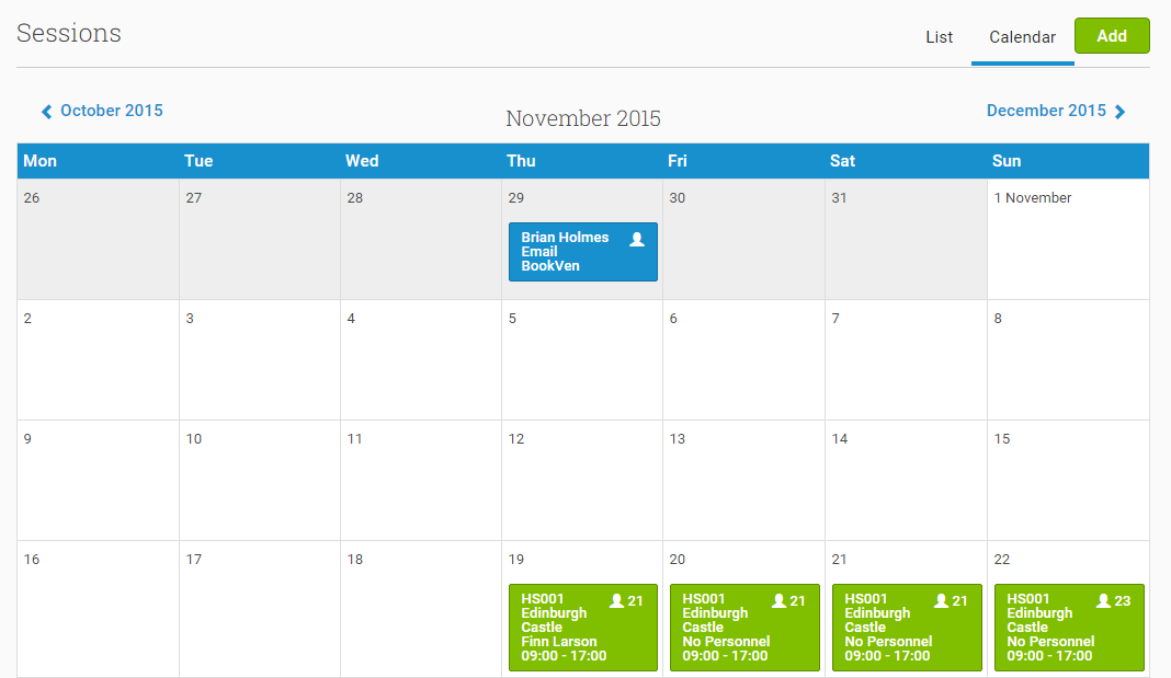 You can view Sessions in a List format (default) or in a Calendar view (pictured)