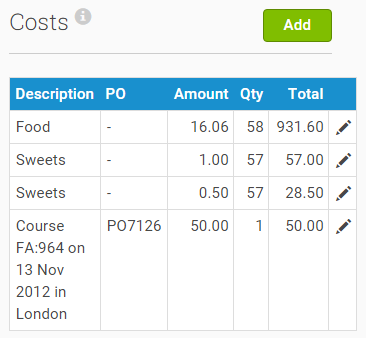You can view and add costs to your Event, and raise Purchase Orders from the Costs section