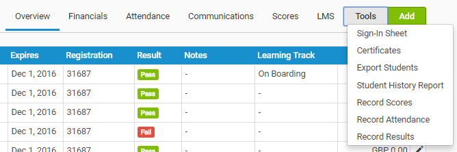 Click on Tools to see a list of Event Administration features