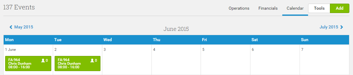 You can see your Events in a Calendar view, using the Calendar tab