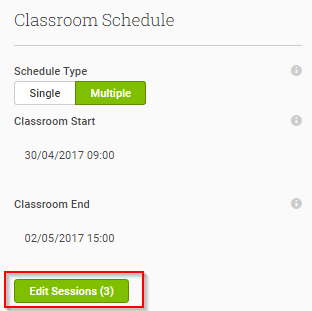 Once you select the Course and Classroom Start Date, you'll be able to Edit Sessions before completing the creation of the Event