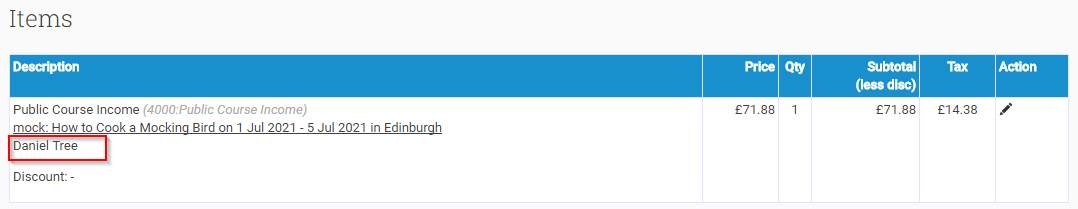 Display the Student's Name in the Invoice's Item Description
