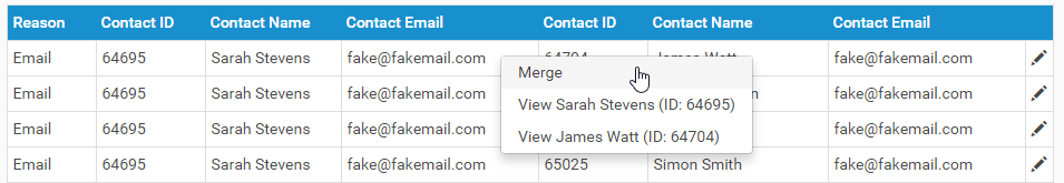 Click on a row of potential duplicates to merge or view Contacts