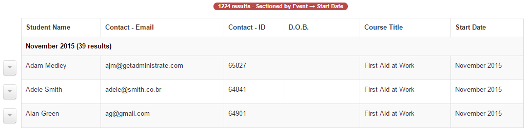 The Output Columns here are *Student Name*, *Contact - Email*, *Contact - ID*, *D.O.B.*, etc.