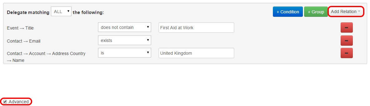 Tick the Advanced checkbox to reveal the Add Relation button