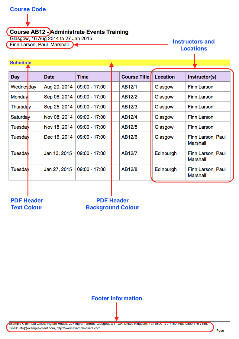 Annotated example of a multi-session event PDF