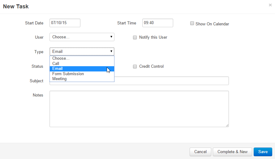Task Types available when creating or editing a Task