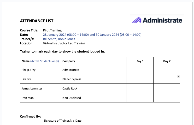 Example sign-in sheet layout
