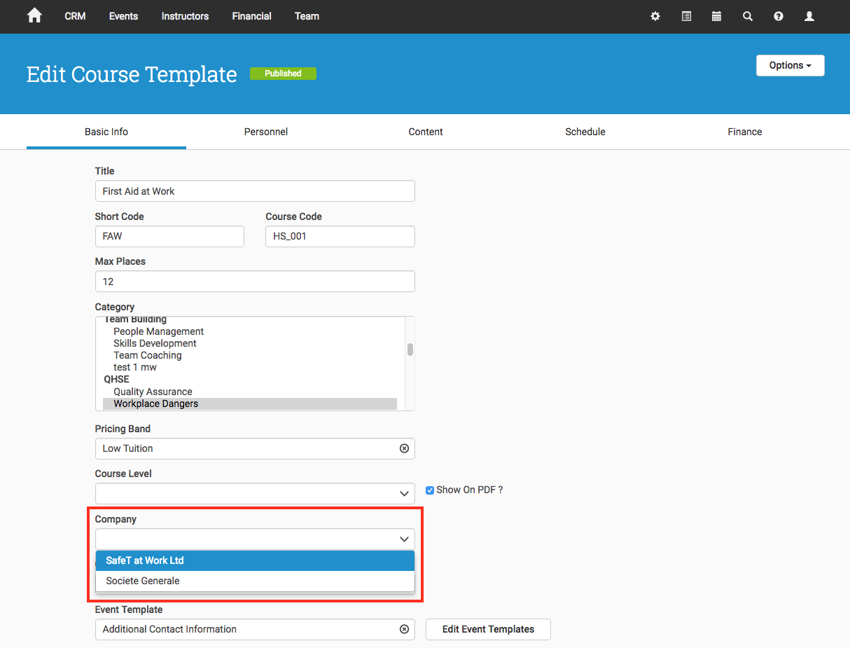 Choose the Company a Course Template belongs to