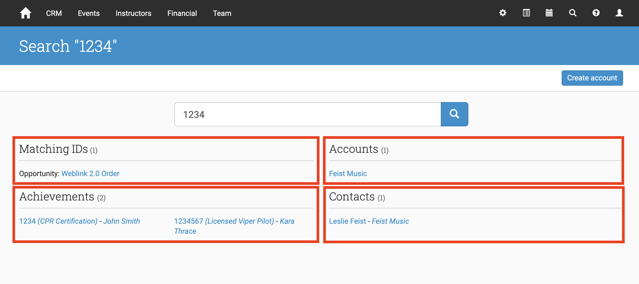 Search results grouped by entity type