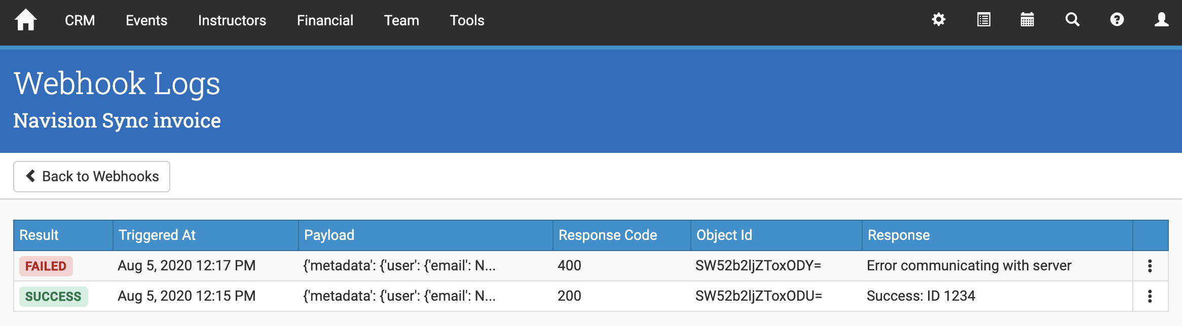 Webhook event log list