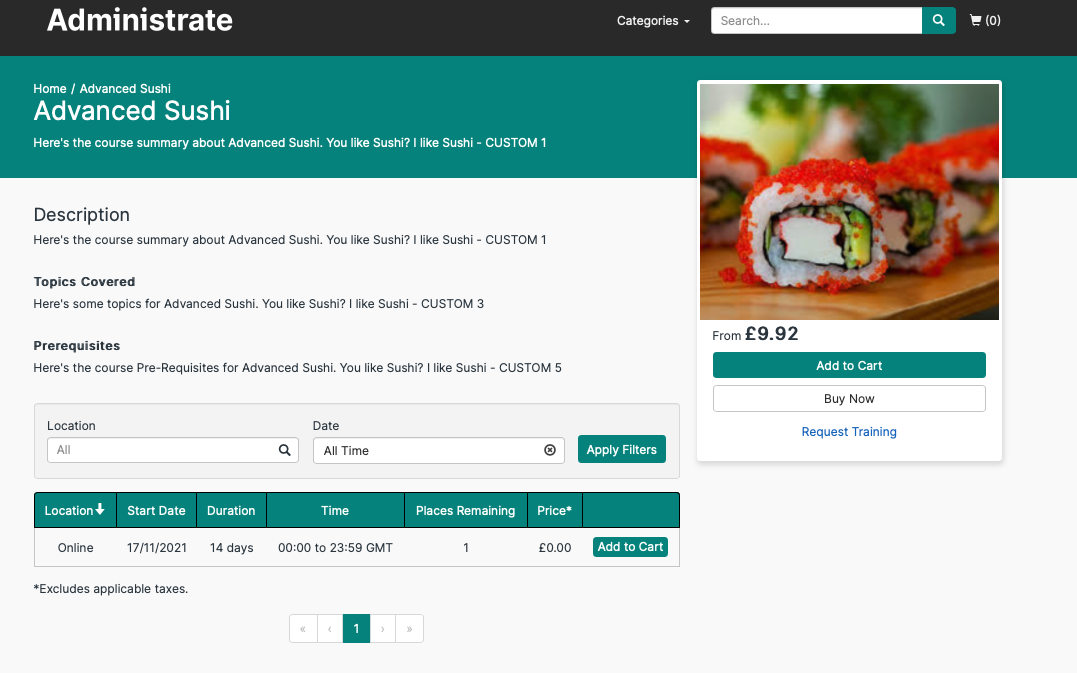 Training request link on course page