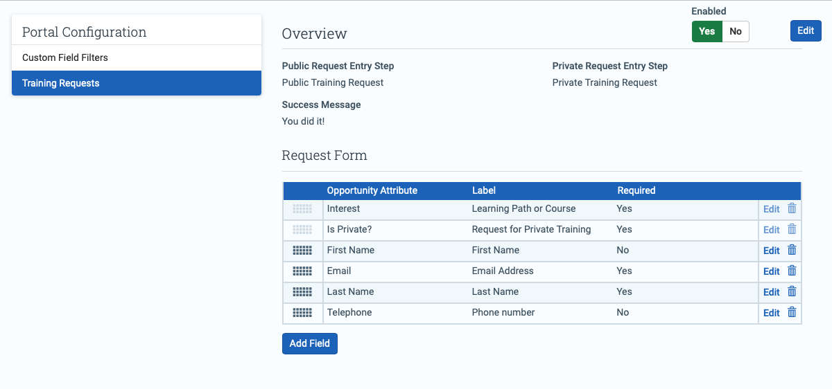 Training requests configuration