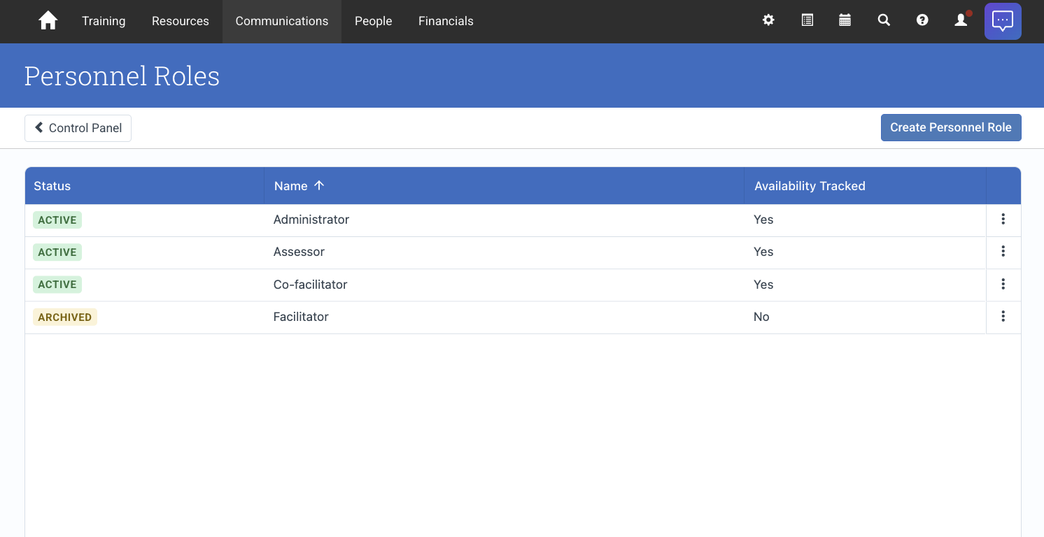 Personnel Roles configuration screen