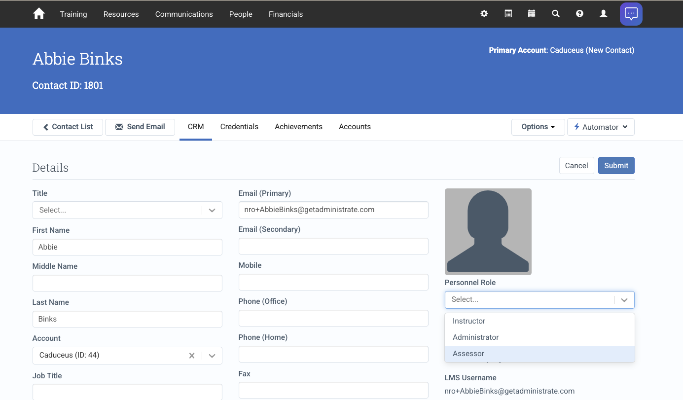 Personnel Role section on a Contact record