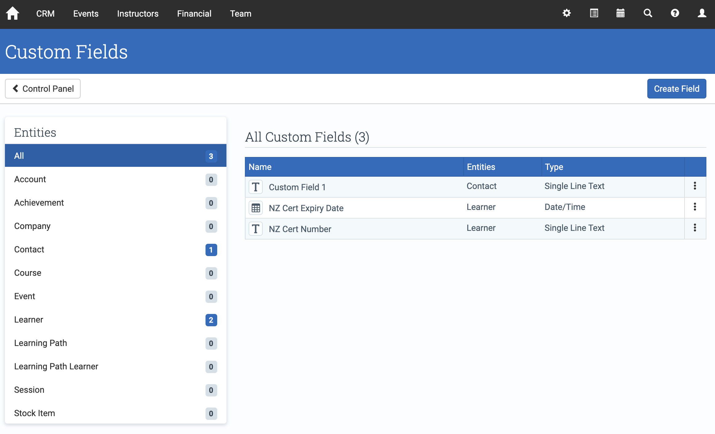 Custom Fields screen