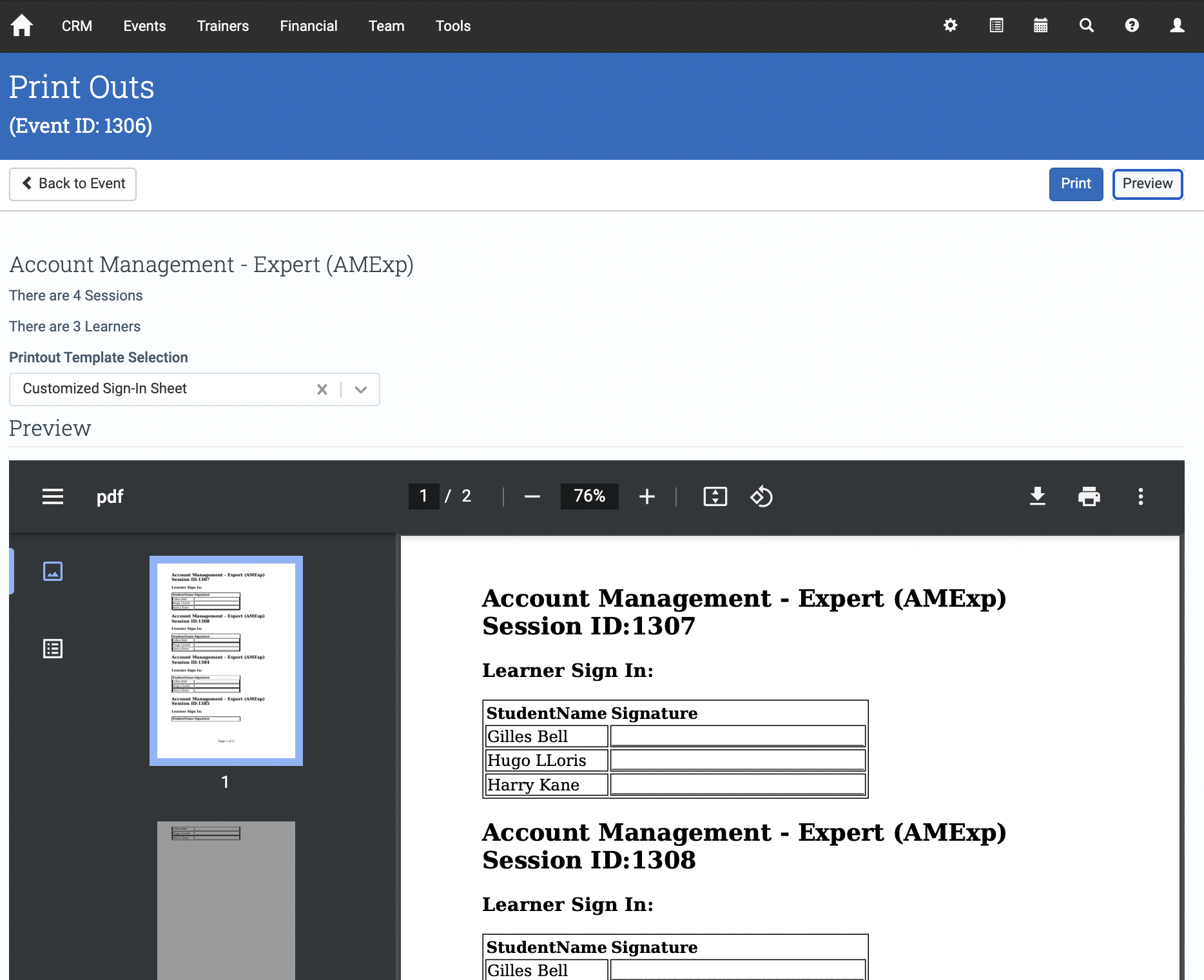 Preview sign-in sheet