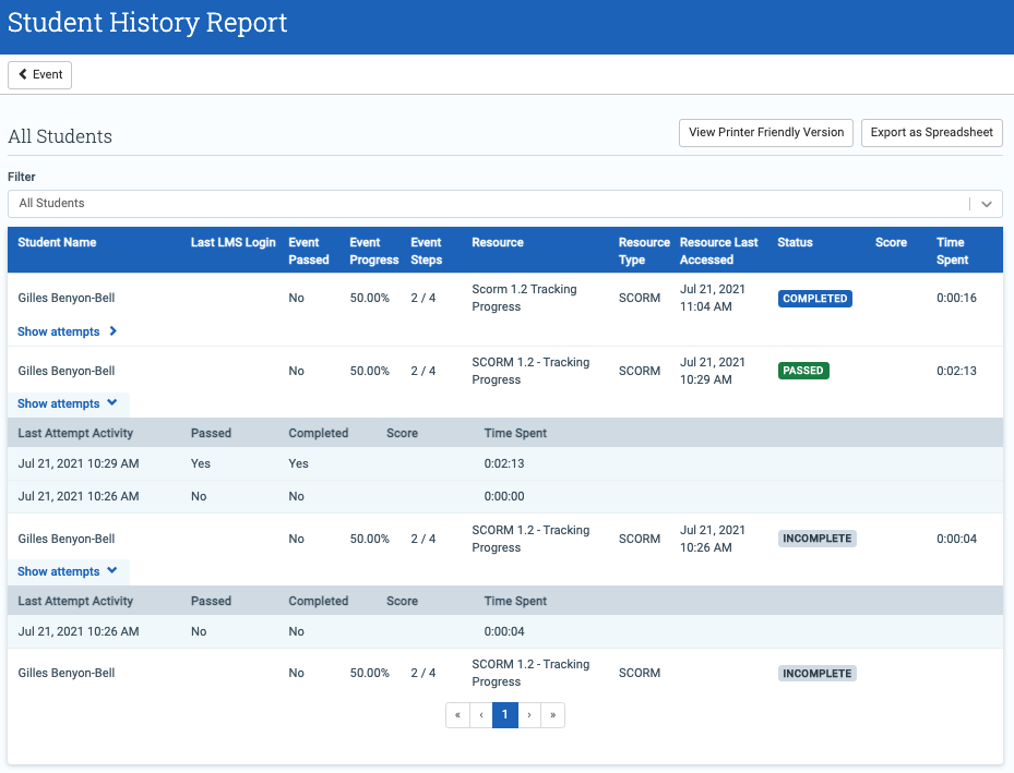 SCORM 1.2 progress view in the TMS