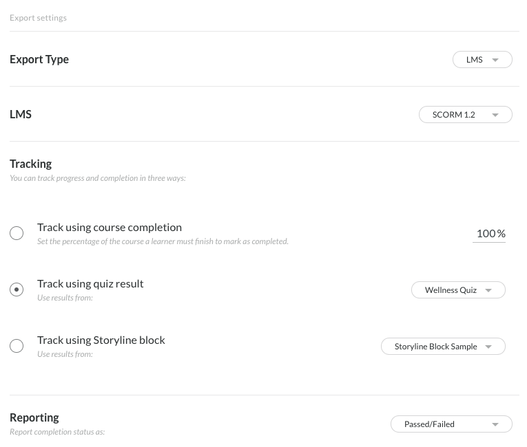 Articulate 360 SCORM 1.2 reporting settings