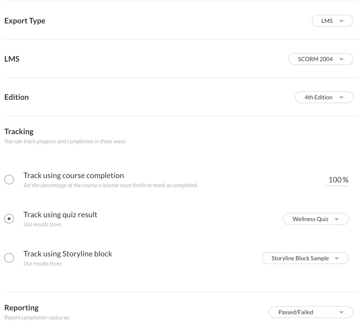 Articulate 360 SCORM 2004 reporting settings