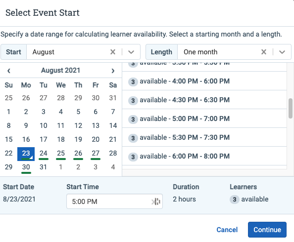 Event assistant time selection
