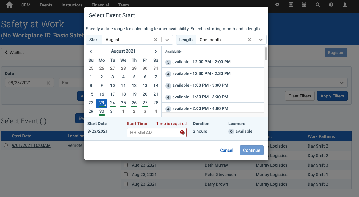 Event assistant calendar availability