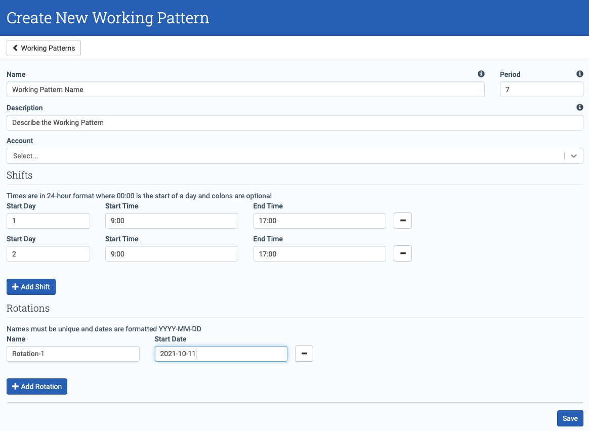 Create Working Pattern screen