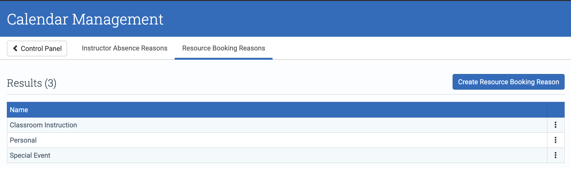 Resource Booking Reasons screen