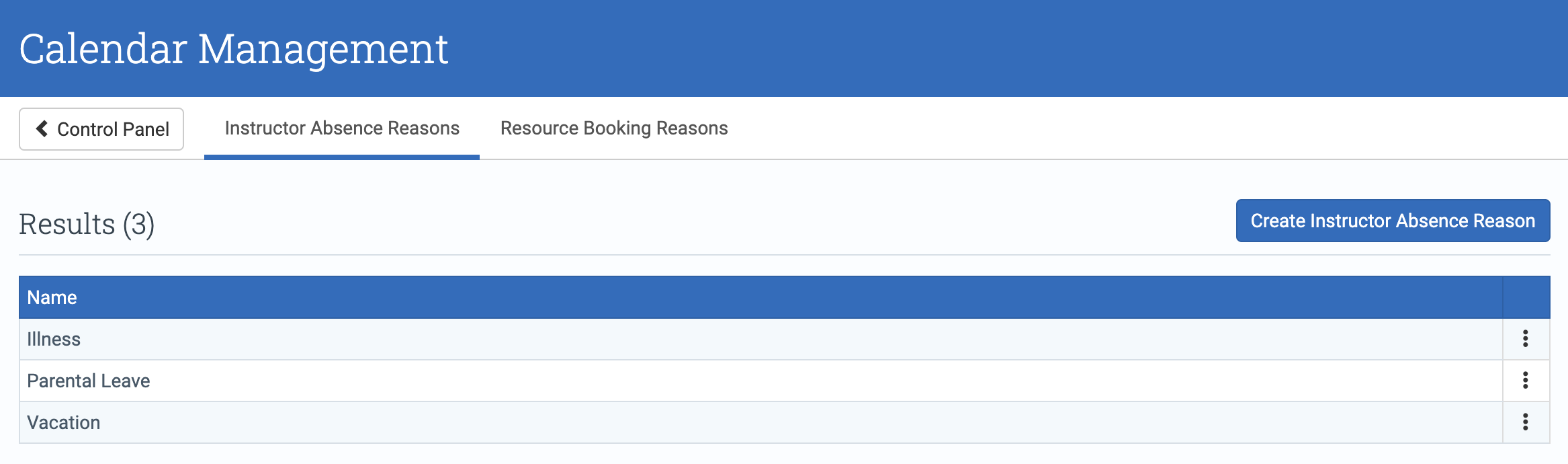 Staff Absence Reasons screen