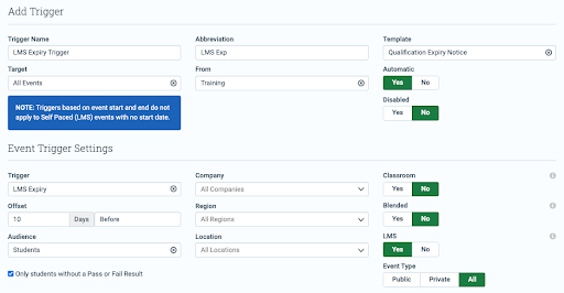 Example LMS Expiry trigger setup