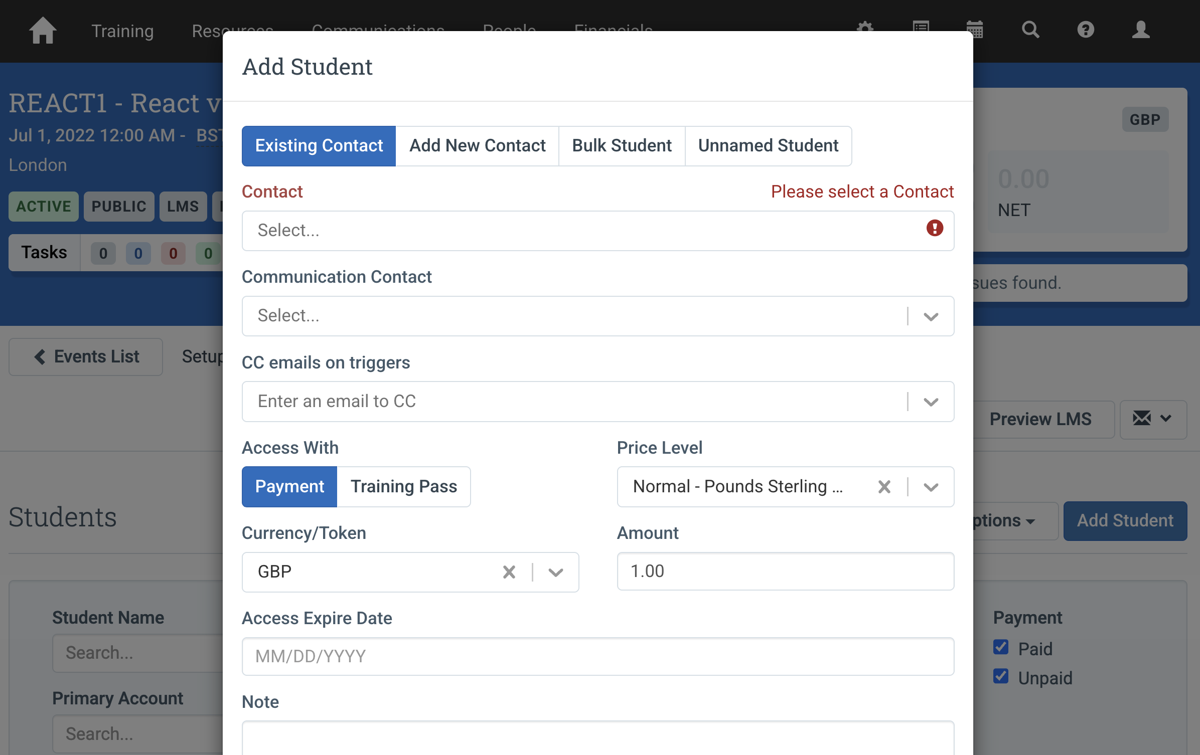 Add student dialog showing payment options
