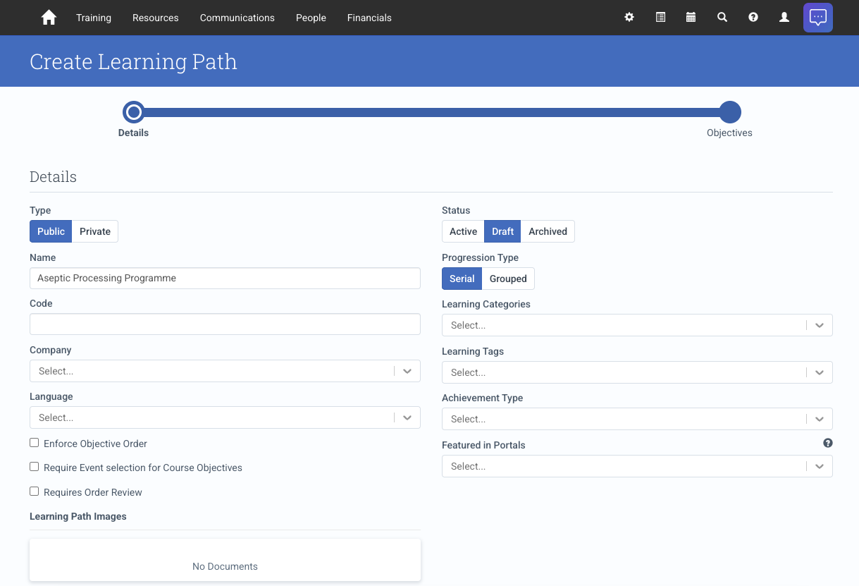 Create Learning Path screen