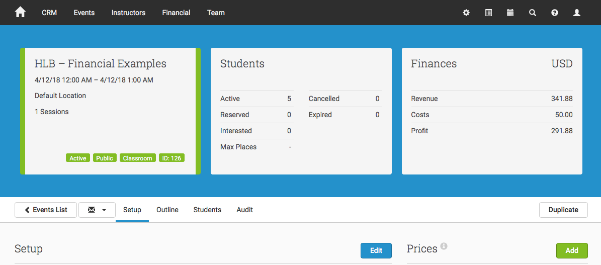 Event dashboard financial statistics