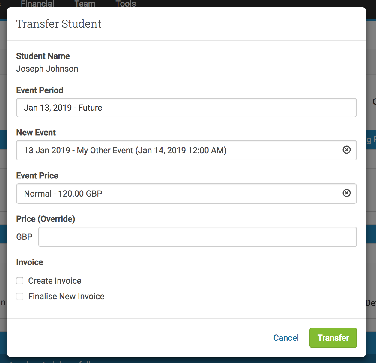 Transferring an un-invoiced student to a new Event