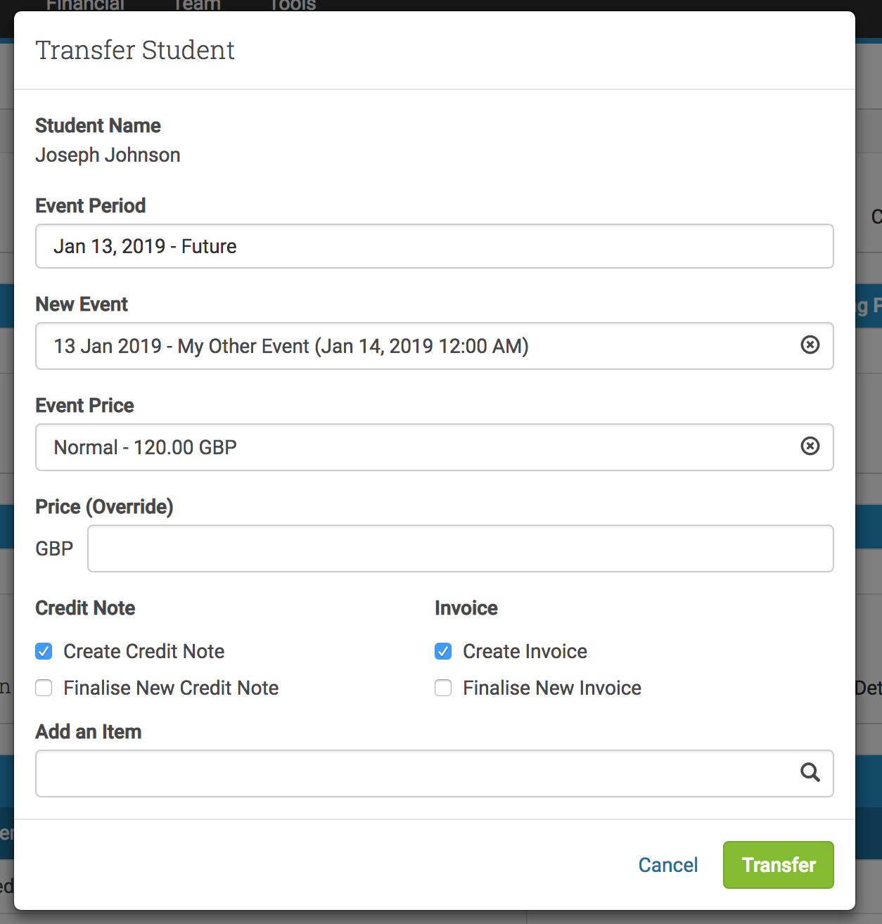 Raising a Credit Note during student transfer
