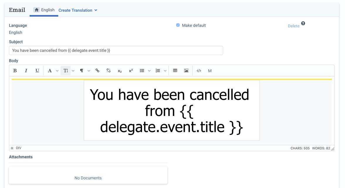 Email template editor with a merge field in the subject and body
