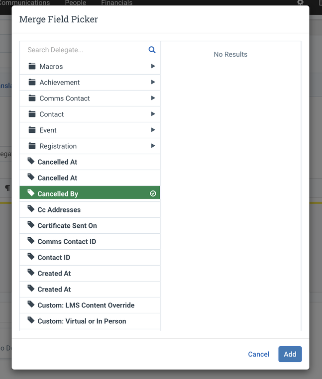 The Merge Field Picker with record folders, fields, and custom fields