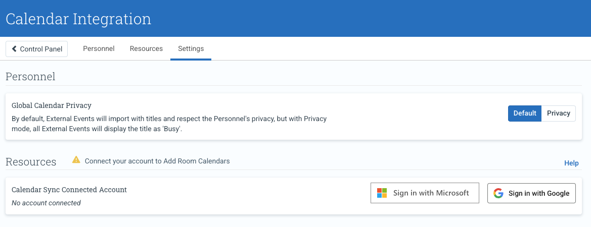 Calendar Integration Settings tab showing the Resources connect card with Sign in with Microsoft and Sign in with Google buttons