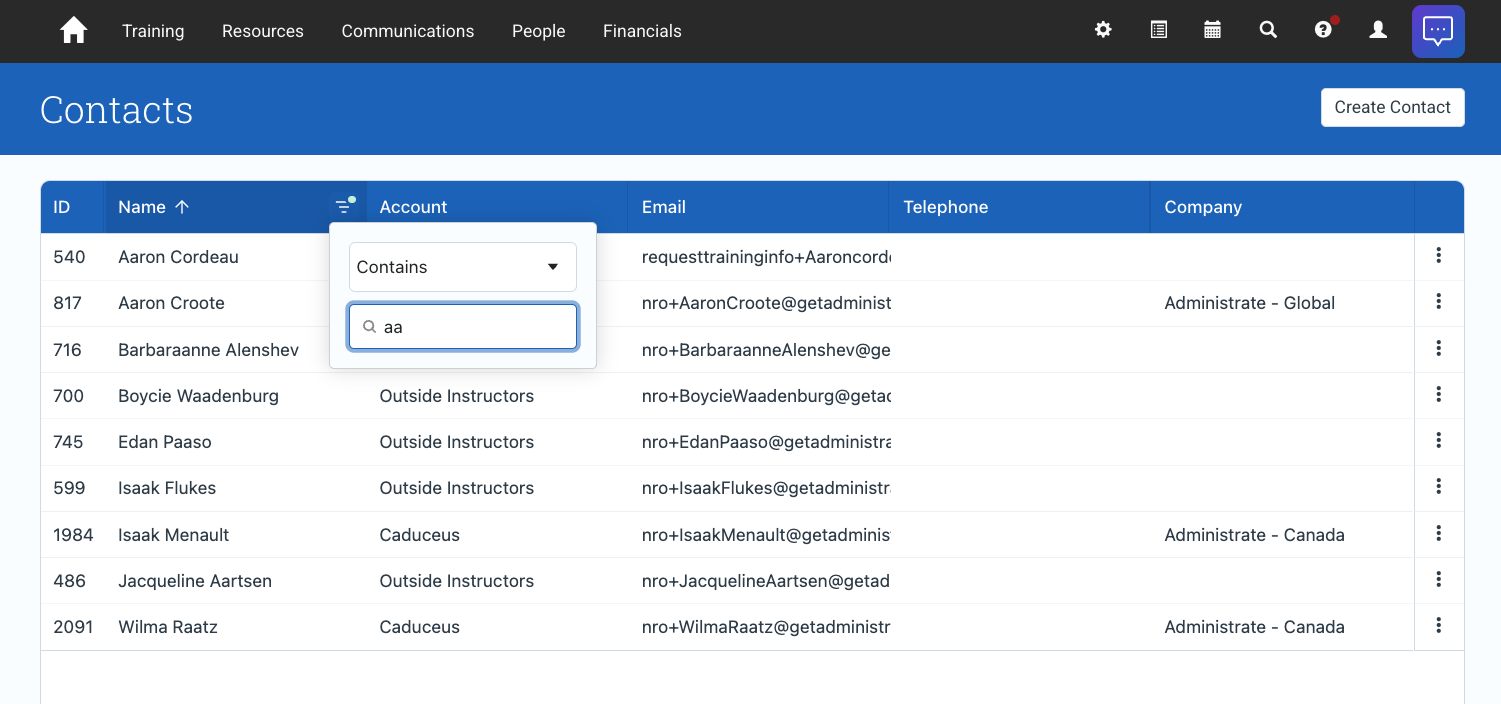 The Contacts list page with an inline column filter open on Name