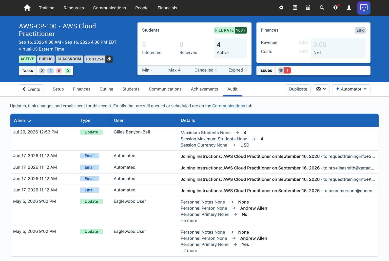 The Audit tab of an Event, showing the audit table with When, Type, User and Details columns